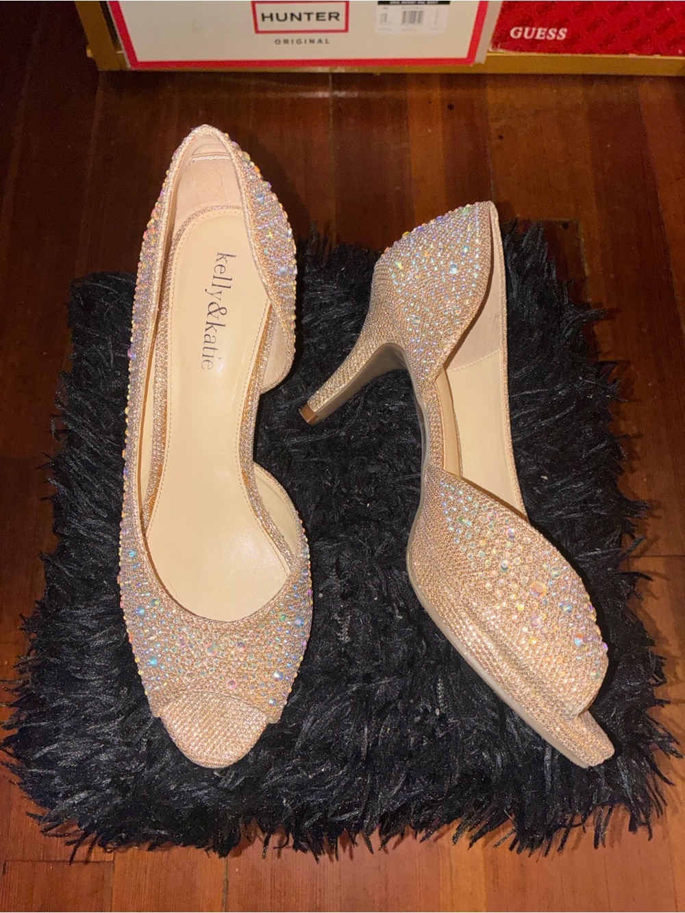 Kelly & Katie Champagne Crystal Peep-Toe Heels